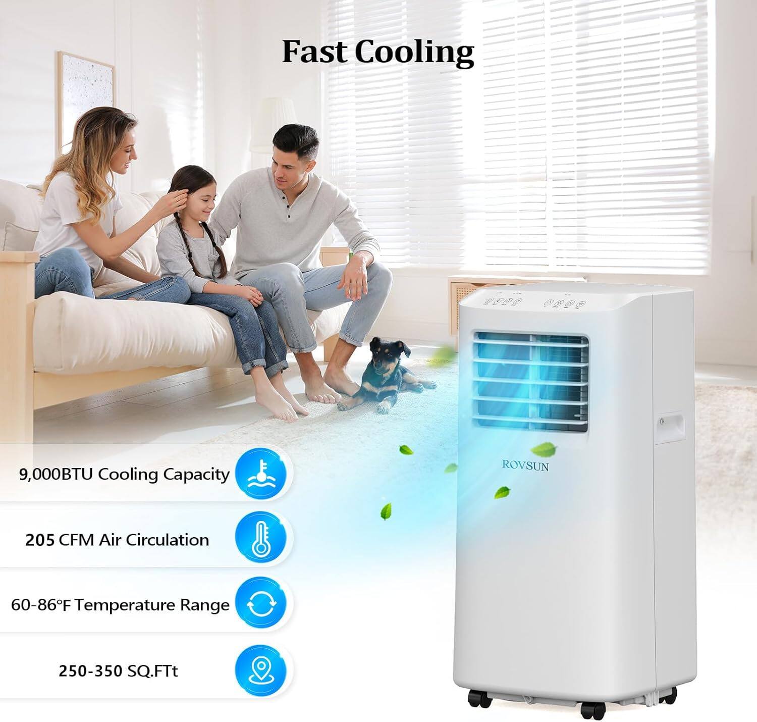 Fast Cooling

- 9,000BTU Cooling Capacity
- 205 CFM Air Circulation
- 60-86°F Temperature Range
- 250-350 SQ.Ft