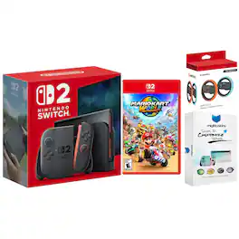 Switch 2 Console with Mario Kart World, Sentriq Joy Con Steering Wheel Set and MightySkins Custom Skin Bundle - Nintendo Switch 2