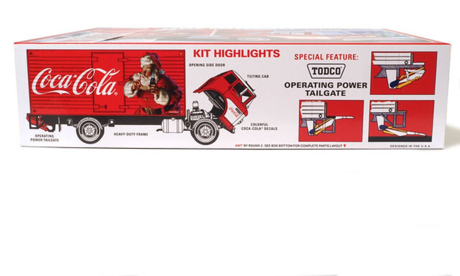 Coca-Cola KIT HIGHLIGHTS SPECIAL FEATURE: OPENING SIDE DOOR TODCO TILTING CAB OPERATING POWER TAILGATE OPERATING POWER TAILGATE HEAVY DUTY FRAME COLORFUL COCA-COLA DECALS AMT BY BOUND 2 SEE BOX BOTTOM FOR COMPLETE PARTS LAYOUT DESIGNED IN THE U.S.A.