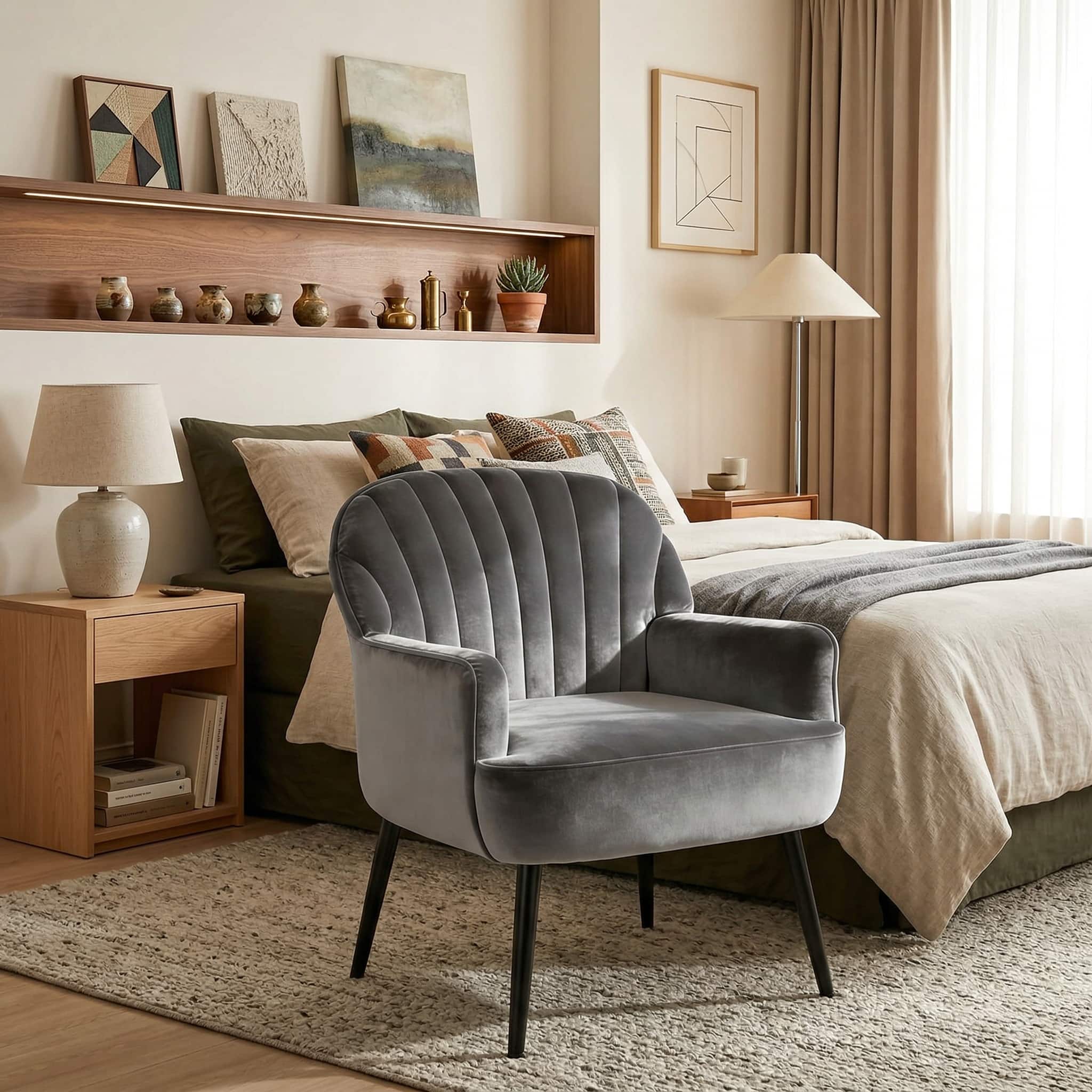 Forest'nSky - Velvet Accent Chair, Modern Upholstered Barrel Armchair with Metal Legs, Luxury Comfy Single Sofa,Grey - Gray