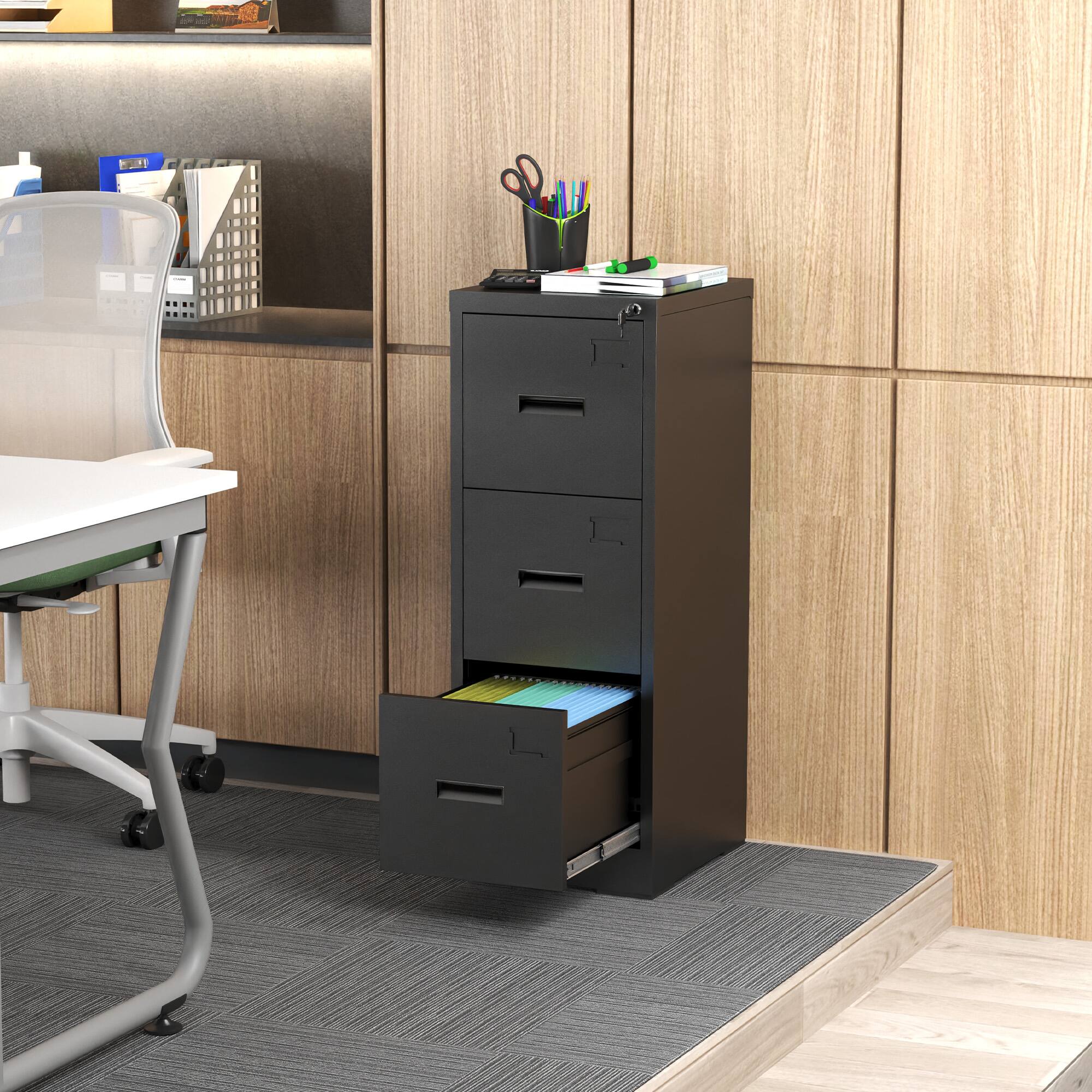 Alt View 1. Ecooso - 3 Drawer Vertical File Cabinet with Lock, Metal Office File Cabinet with Card Slot for Letter Legal A4 Files - Black.