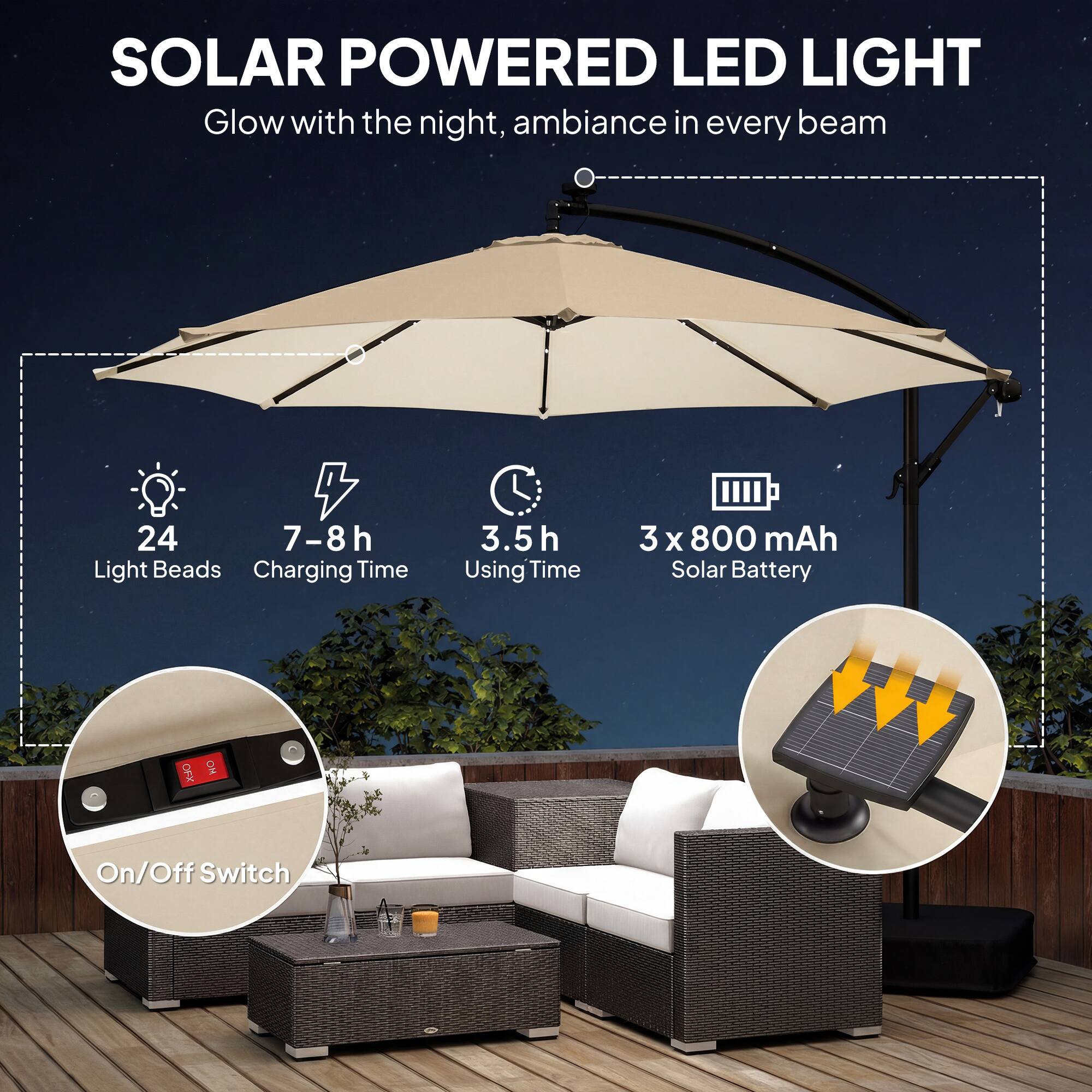 SOLAR POWERED LED LIGHT  
Glow with the night, ambiance in every beam  

- 24 Light Beads  
- 7-8h Charging Time  
- 3.5h Using Time  
- 3 x 800 mAh Solar Battery  
- On/Off Switch