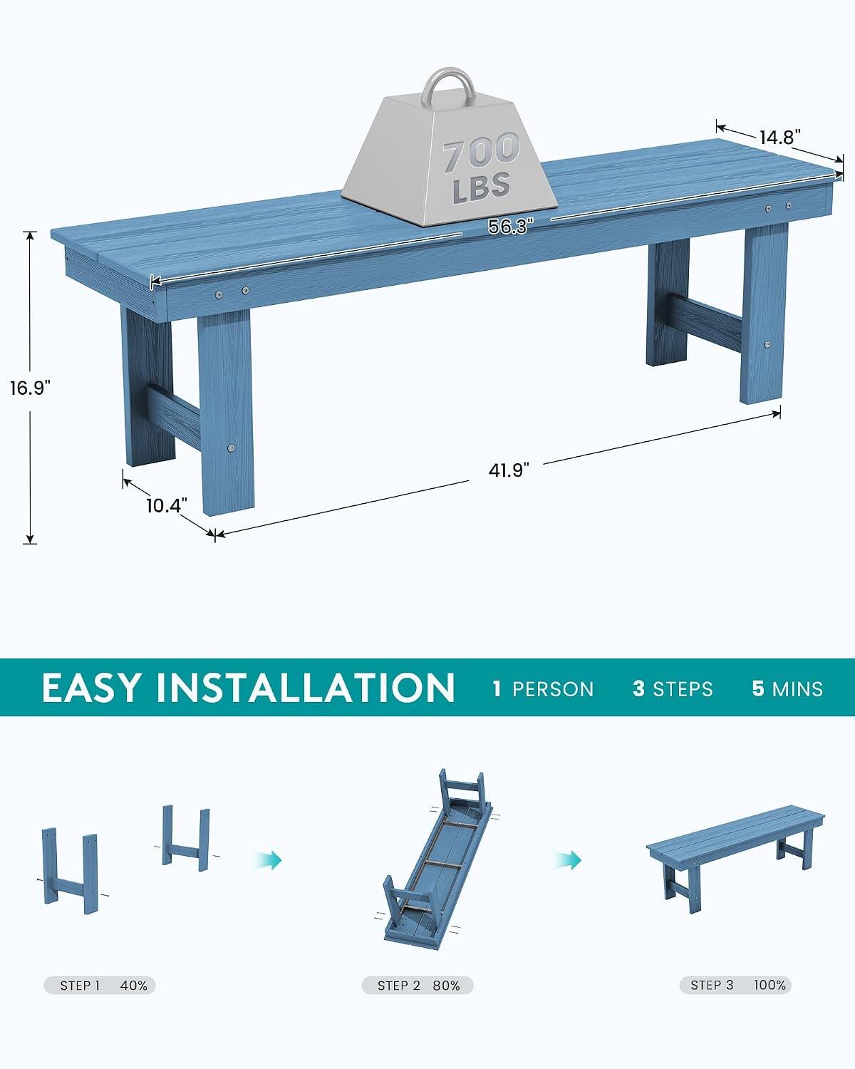 SERWALL 2 Person Backless Outdoor Bench 56 Inches, All Weather HDPE ...
