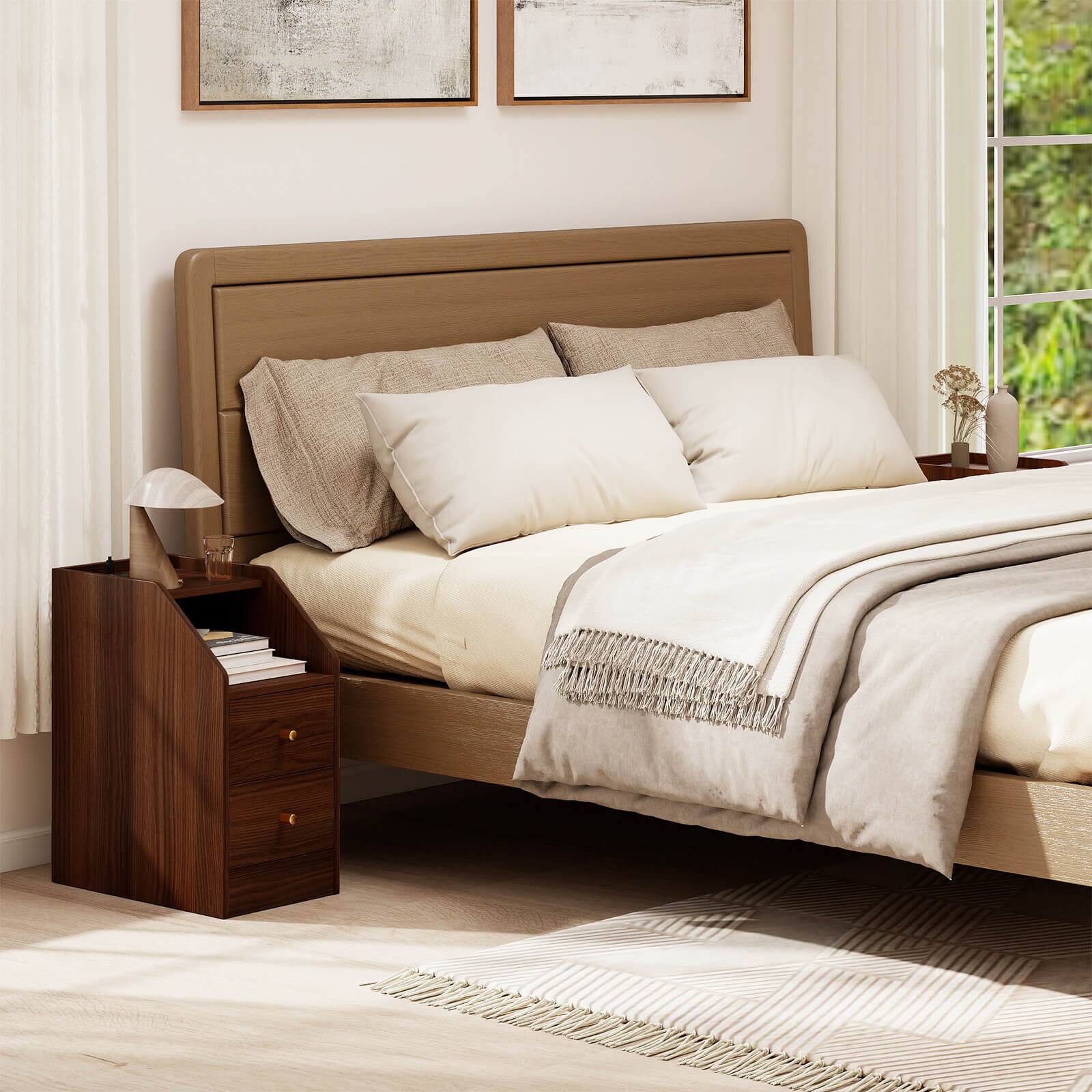 Alt View 5. Costway - Costway Side Table with Charging Station, Storage Drawers, Sofa Couch Table for Small Space - Walnut.