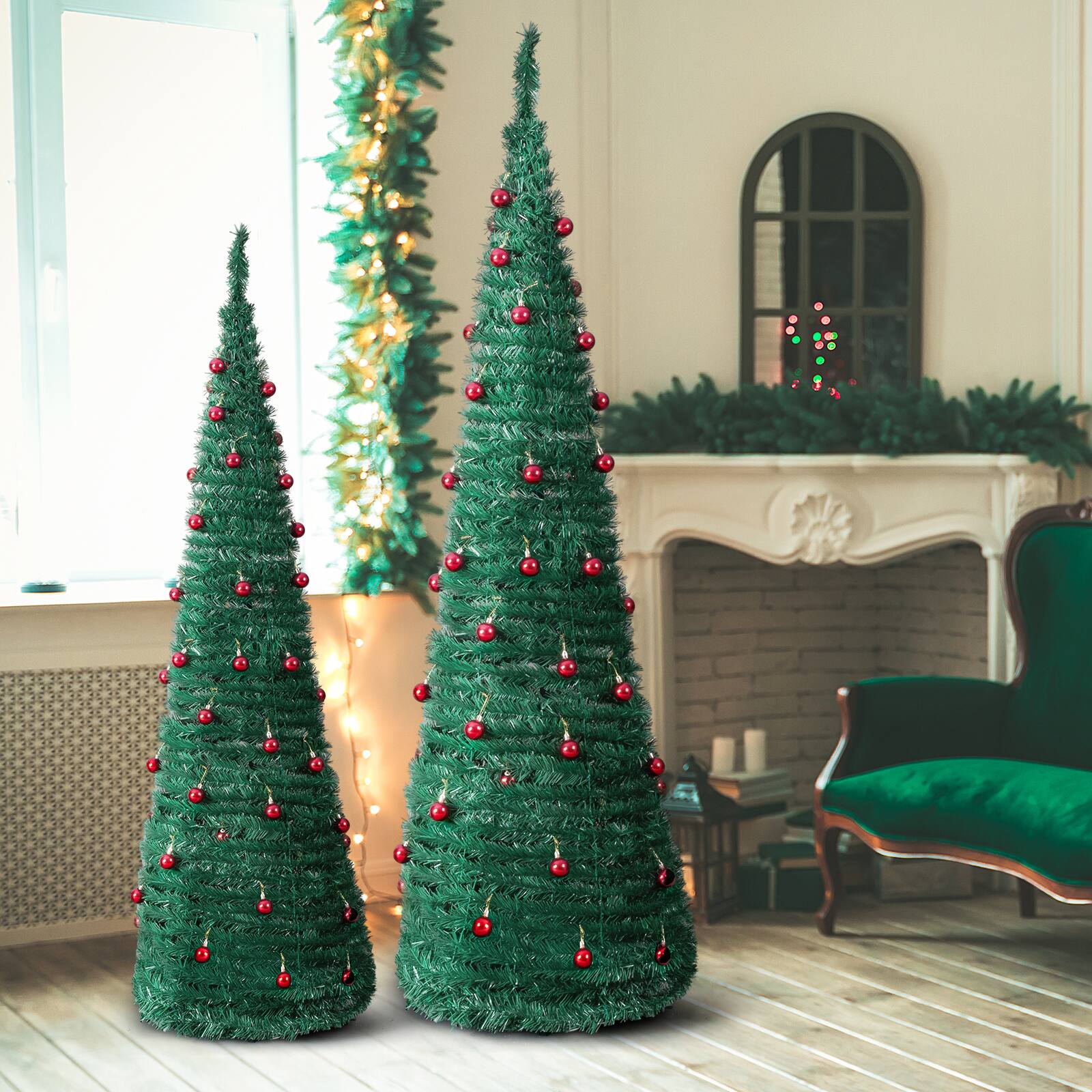 Winado - 2PCS Christmas Tree Artificial Pop Up, 6FT 5FT with Red Ball Ornaments for Indoor Home Office Holiday Party Decorations - Green