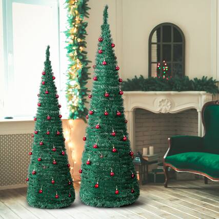 Front. Winado - 2PCS Christmas Tree Artificial Pop Up, 6FT 5FT with Red Ball Ornaments for Indoor Home Office Holiday Party Decorations - Green.