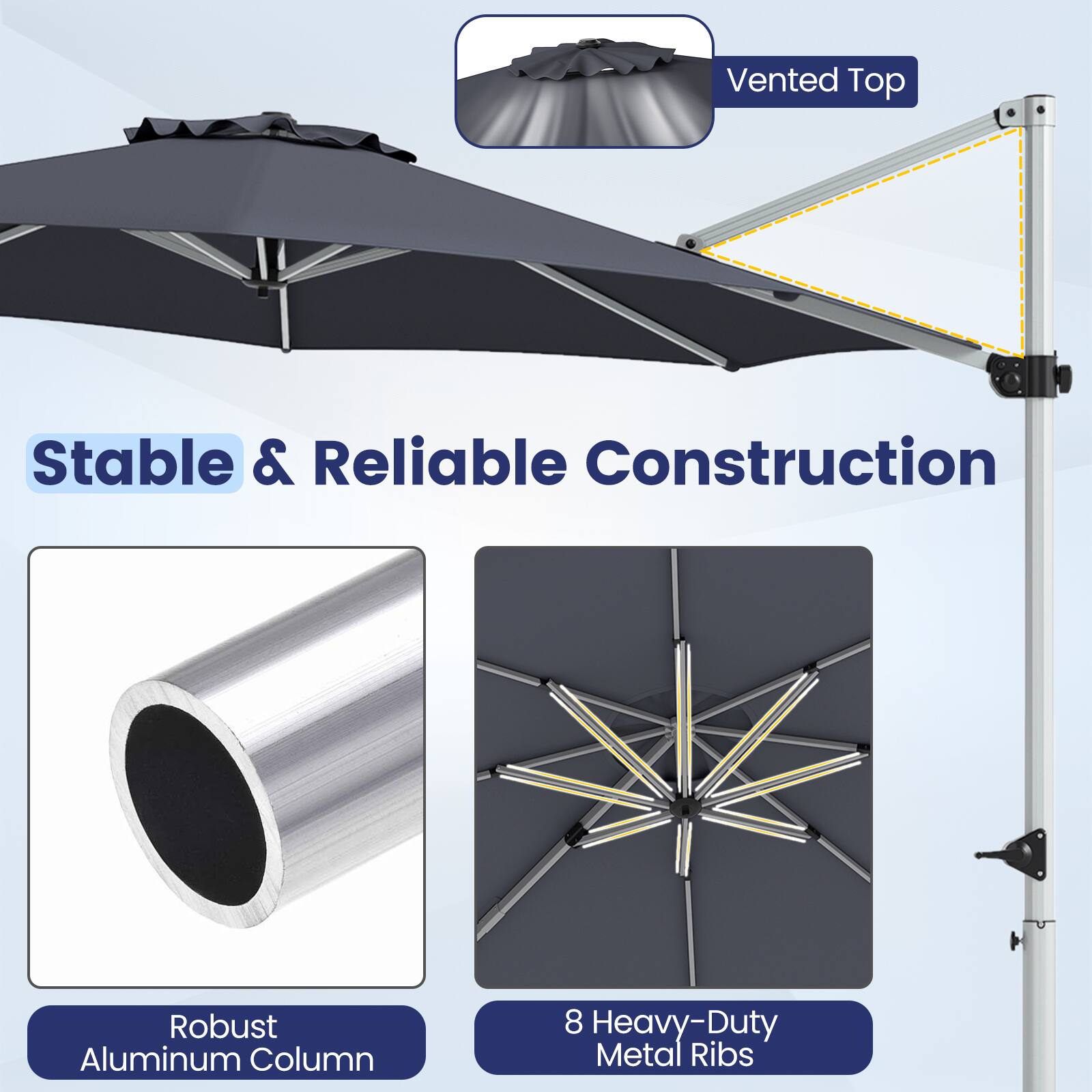 Vented Top  
Stable & Reliable Construction  
Robust Aluminum Column  
8 Heavy-Duty Metal Ribs