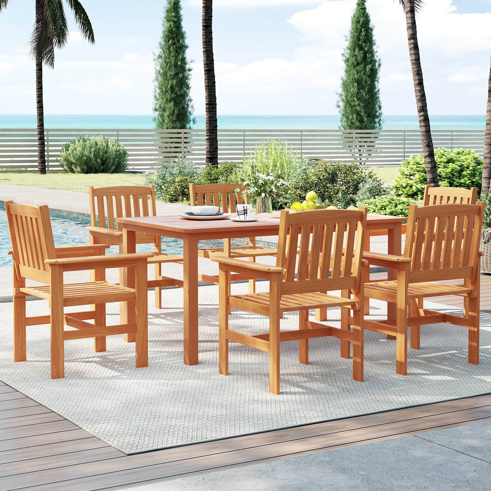 Alt View 1. Costway - Costway 7 PCS Patio Wood Dining Table Set with 2" Umbrella Hole Outside Furniture Set - Natural.