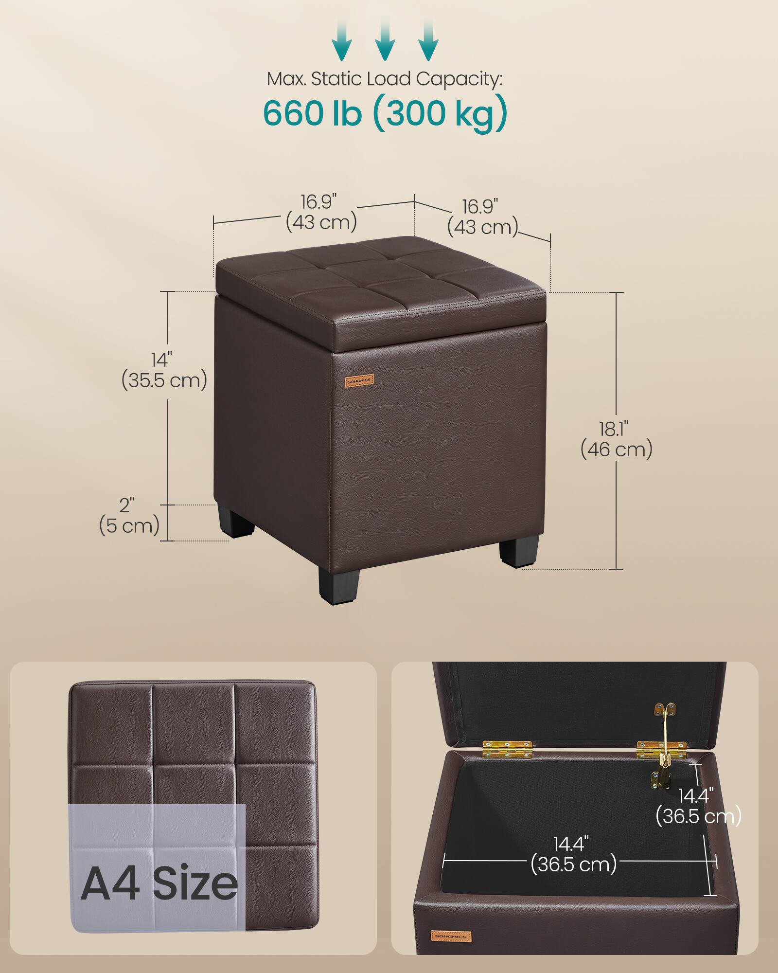Max. Static Load Capacity: 660 lb (300 kg)  
16.9" (43 cm) x 16.9" (43 cm) x 14" (35.5 cm) x 18.1" (46 cm)  
2" (5 cm)  
A4 Size: 14.4" (36.5 cm) x 14.4" (36.5 cm)