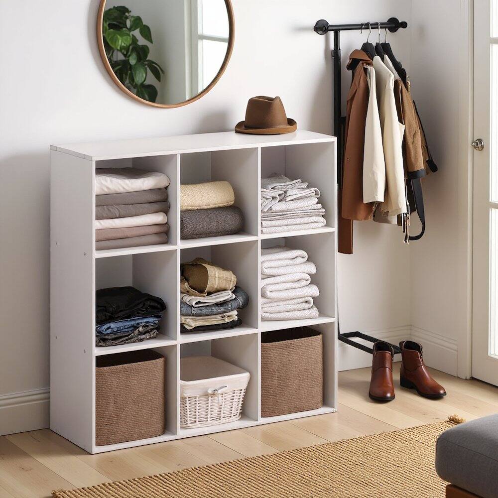 Angle. FurniFact - White Engineered Wood 9 Cube Storage Organizer with Modern Storage Cubes - White.