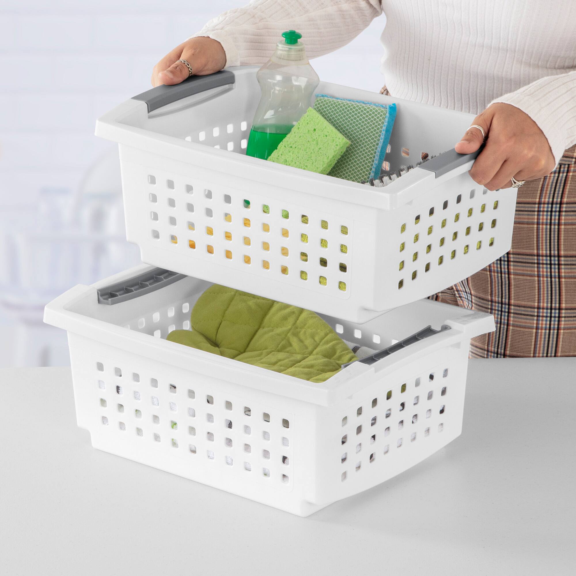 Alt View 2. Sterilite - Sterilite Medium Stacking Basket, Open Top Storage Bin w/ Handles, 4 Pack, White.