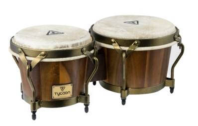Front. Tycoon Percussion - Supremo Select 7-Inch and 8.5-Inch Broad Leaf Acacia Bongo Drum Set with Water Buffalo Skin Heads and Tuning Wrench.