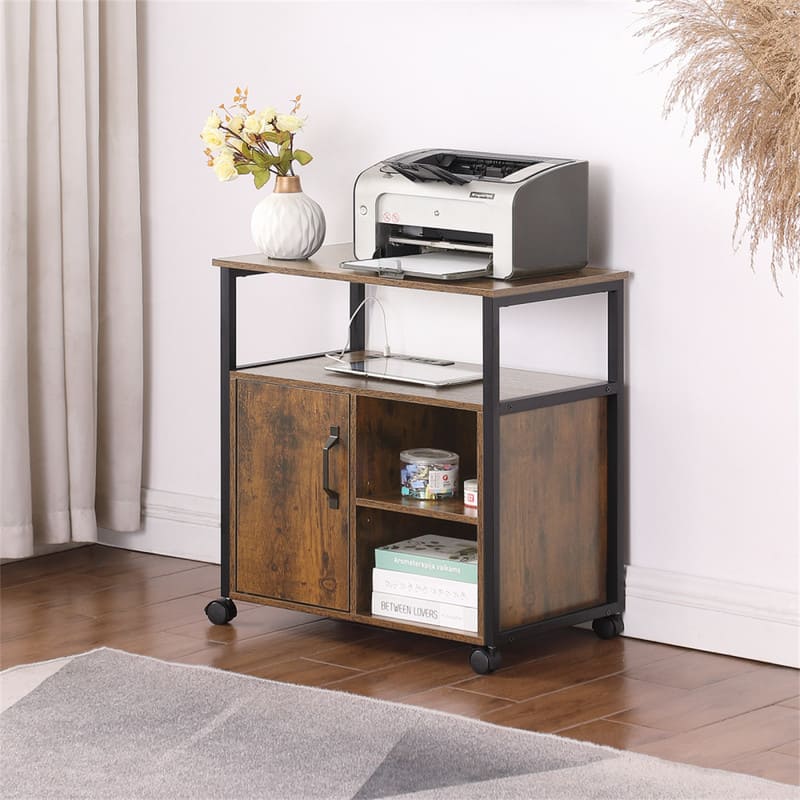 HTUTWOO - Office Filing Cabinet with Socket & USB Charging Port - Metal Side Frame Printer Stand with Storage for A4/Letter Size - Brown
