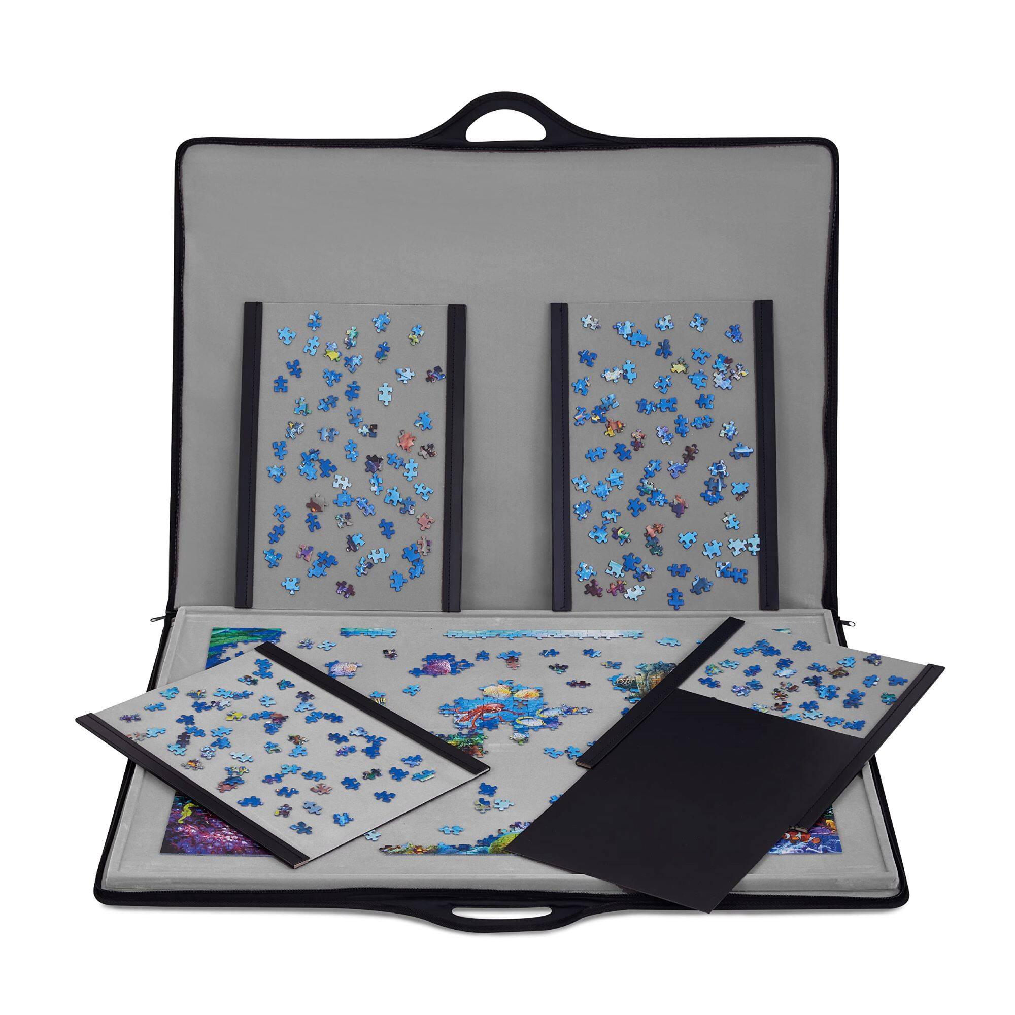 Front. Jumbl - 1500-Piece Puzzle Case, Portable Puzzle Board & Travel Case with Trays & Handle - Grey.