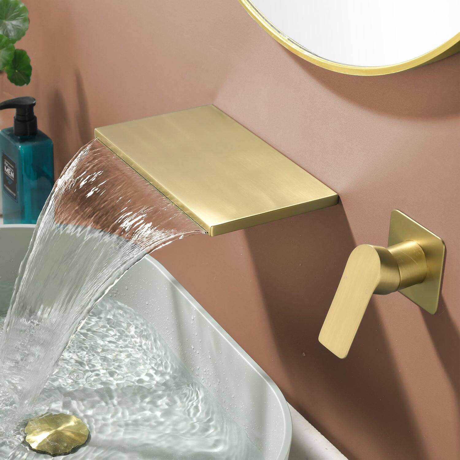 Alt View 4. Boyel Living - Brushed Gold Wall Mount Faucet SUS304 Waterfall Spout Brass Body Single Handle 1/2NPT Thread - Brushed Gold.