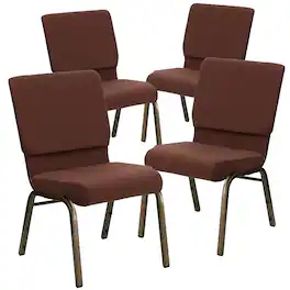 Emma + Oliver - 4 Pack 18.5''W Stacking Church Chair - Brown Fabric/Gold Vein Frame
