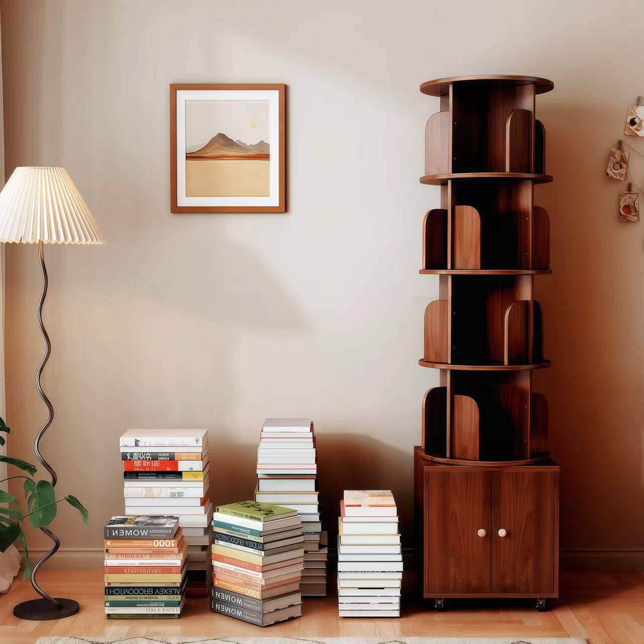 APRILSOUL - Rotating Bookshelf 360 5 Tier Corner with Drawer Walnut Small Space - Walnut Brown