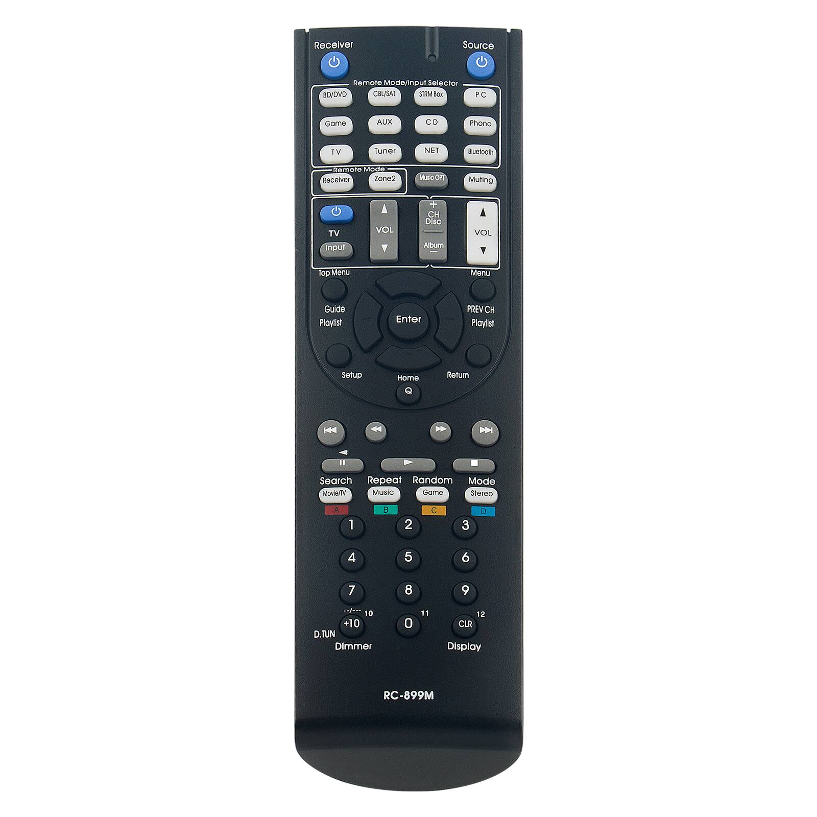 Receiver  
Source  
Remote Mode/Input Selector  
BD/DVD CBUSAT STRIK Box  
PC  
Game  
AUX  
CD  
Phono  
TV  
Tuner  
NET  
Bluetooth  
Remote Mode Receiver Zone2  
Music DM  
Muting  
TV Input  
VOL  
+ CH Disc Album  
A VOL Y  
Top Menu  
Menu  
Guide Playlist  
Enter  
PREV CH Playlist  
Setup  
Home Q  
Return  
Il  
Search Repeat Random Mode Movie/TV Music Game Stereo  
1  
B  
2  
C  
3  
D  
4  
5  
6  
7  
8  
9  
10 +10 D.TUN Dimmer  
0  
11  
12 CLR Display  
RC-899M