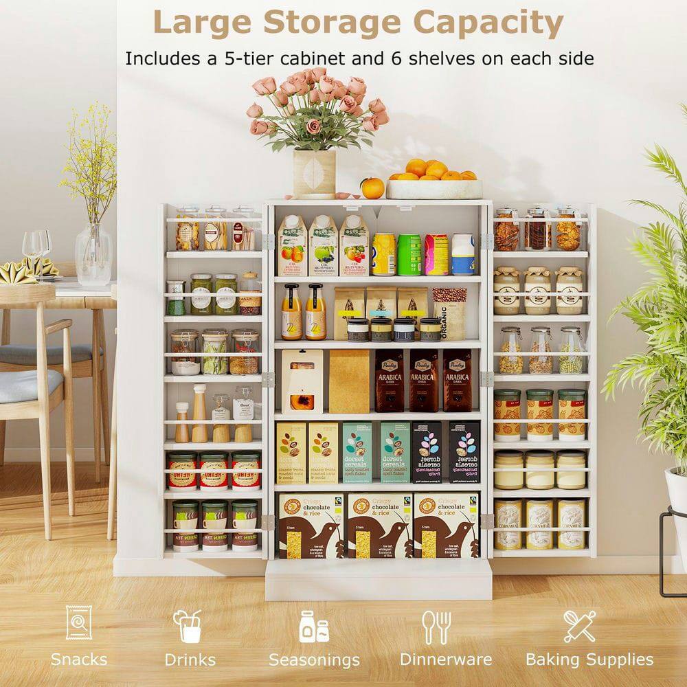 Large Storage Capacity  
Includes a 5-tier cabinet and 6 shelves on each side  

Organic Arabica  
Dorn PemOs  
Jena Stob Seaic  
AA aleesao  

Snacks  
Drinks  
Seasonings  
Dinnerware  
Baking Supplies