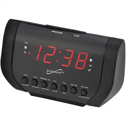 SNOOZE SLEEP PM 12:38 Z2 SUPERSONIC VOL+ VOL- PRESET/M+ TU+ TU- ALARM 1 ALARM 2 AM/FM ON/OFF TIME SET HOUR MIN ALARM OFF
