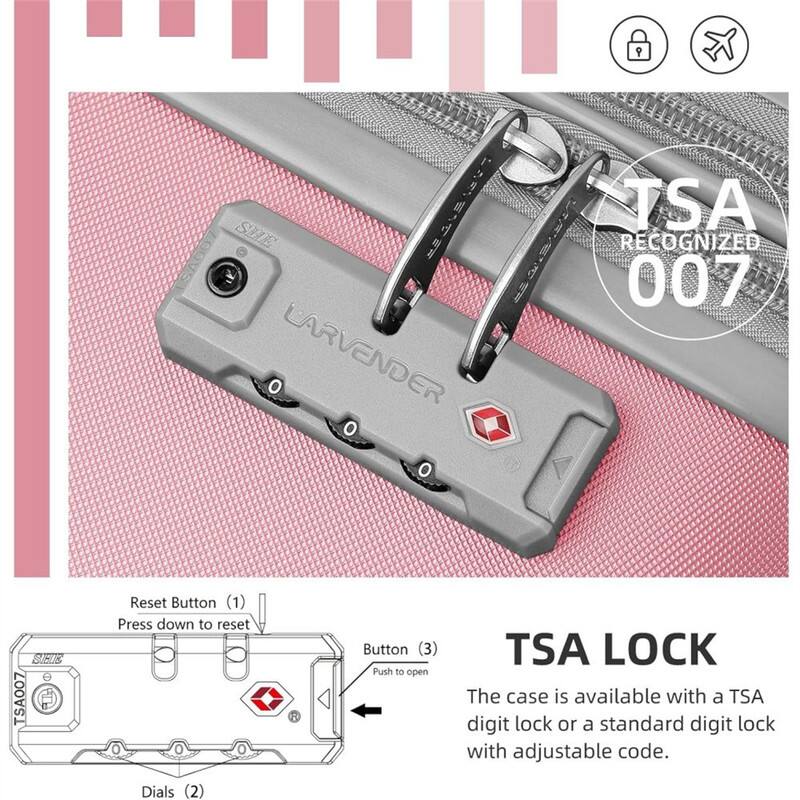 TSA Recognized 007 LARVENDER TSA007

Reset Button (1)  
Press down to reset

Button (3)  
Push to open

TSA LOCK

The case is available with a TSA digit lock or a standard digit lock with adjustable code.

Dials (2)