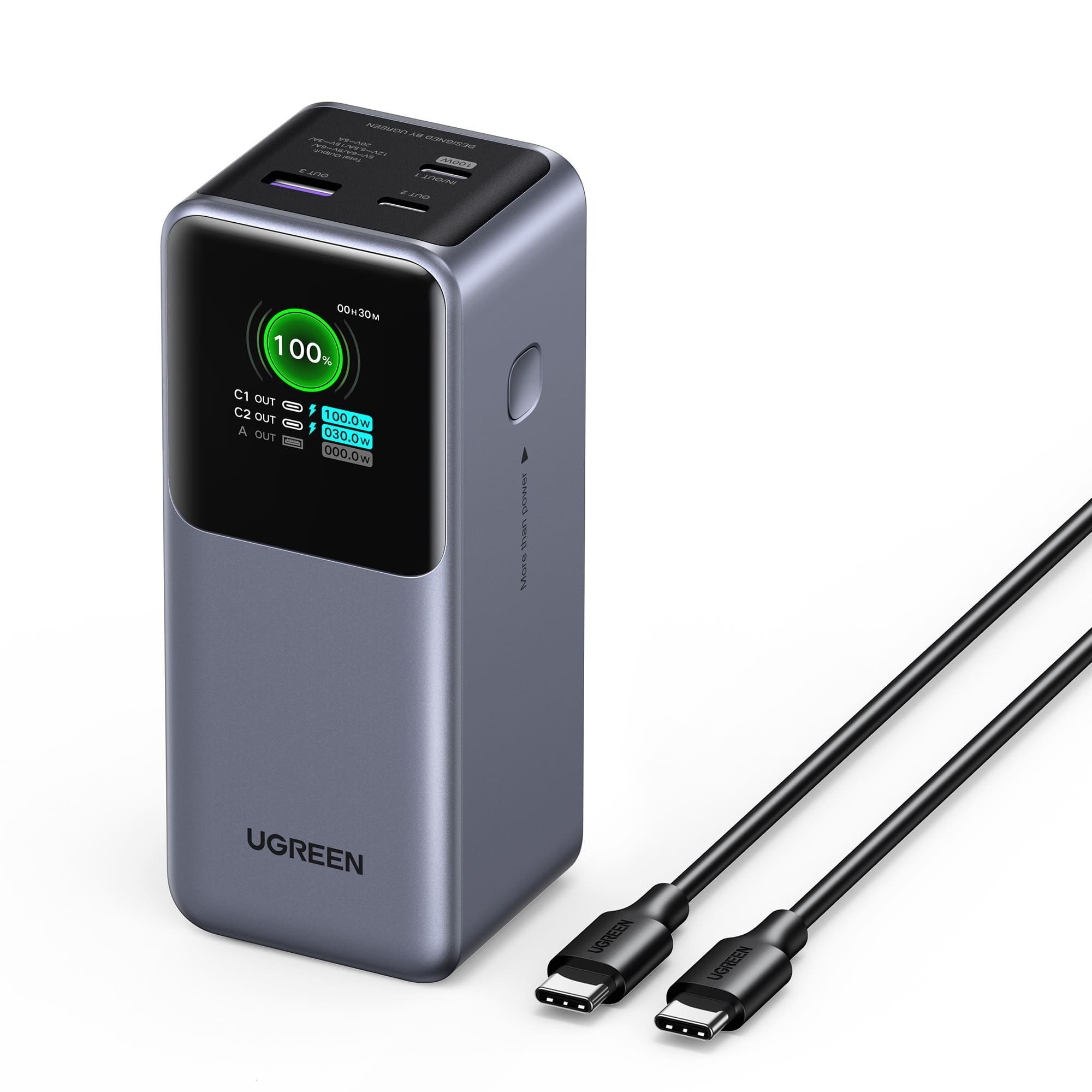 UGREEN - Nexode 130W 20,000mAh Power Bank with Smart TFT Display, 3-Port Portable Charger for Laptops, Tablets, Cell Phones - Black - Front_Zoom