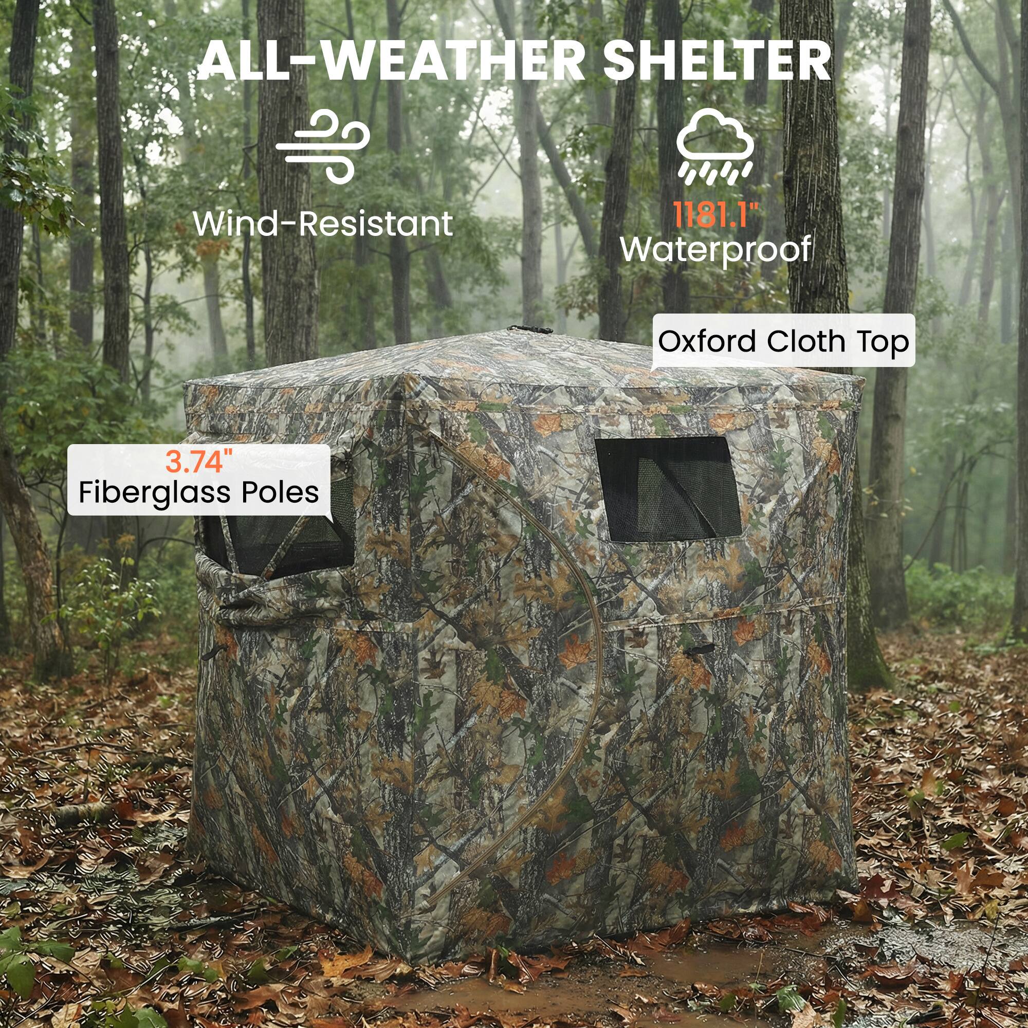 ALL-WEATHER SHELTER  
Wind-Resistant  
1181.1" Waterproof  
Oxford Cloth Top  
3.74" Fiberglass Poles