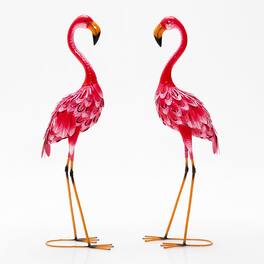 Costway - 2-Piece Metal Flamingo Garden Statue Sculpture Set Yard Lawn Decoration - Pink