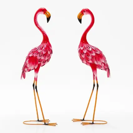 Front. Costway - 2-Piece Metal Flamingo Garden Statue Sculpture Set Yard Lawn Decoration - Pink.