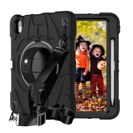 Front. Stock Preferred - Heavy Duty Rugged Case with 360° Rotating Hand Strap & Shoulder Strap for iPad (A16) 11th Generation - Black - Black.