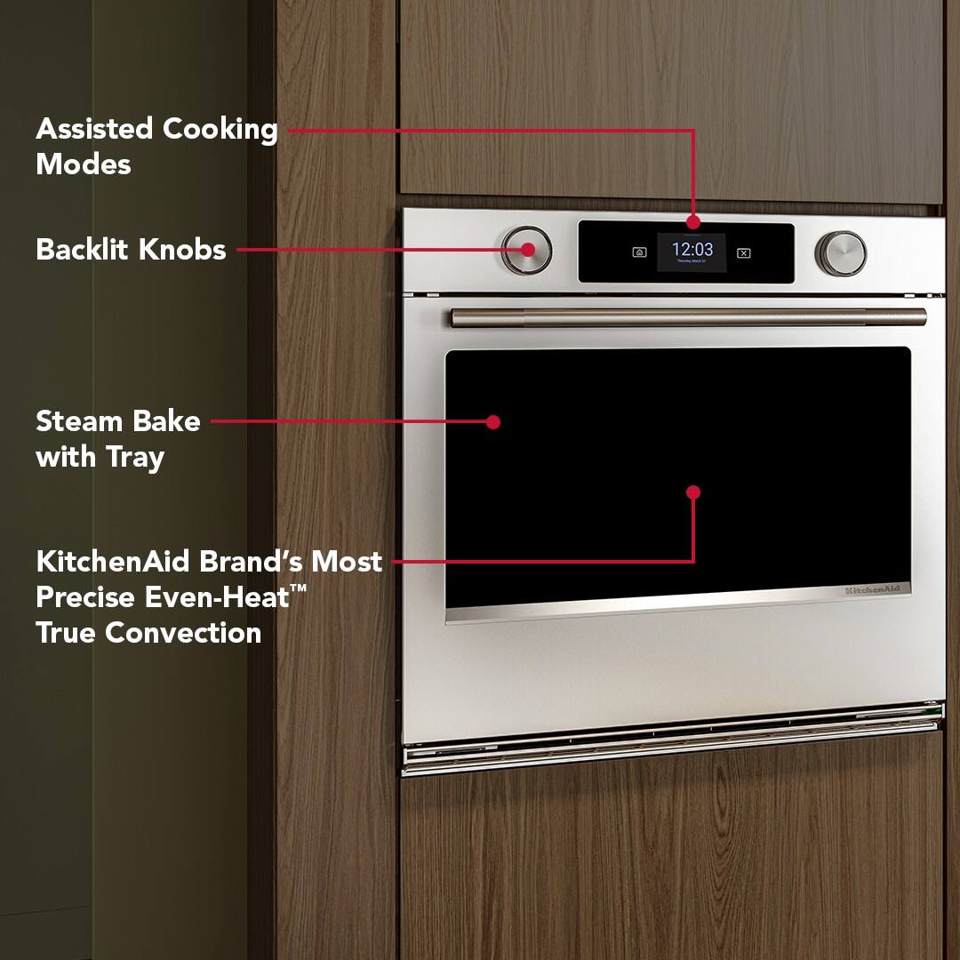 - Assisted Cooking Modes
- Backlit Knobs
- Steam Bake with Tray
- KitchenAid Brand's Most Precise Even-Heat™ True Convection