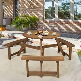 Hivvago - Outdoor Solid Wood Round Picnic Table Set with Umbrella Hole and 3 Benches - Dark Brown