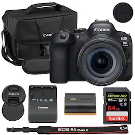 Bundle - EOS R6 Mark II Mirrorless Camera with RF 24-105mm STM Lens with Canon 200ES EOS Shoulder Bag + 64GB - Black
