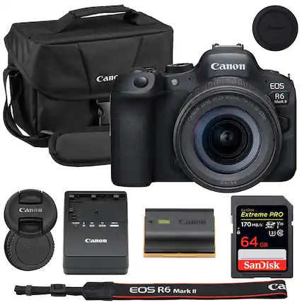 Canon EOS R6 Mark II with RF 24-105mm F4-7.1 IS STM Lens
Canon SanDisk Extreme PRO 170 MB/s V30 XC I 64 GB
Canon Camera Bag
Canon Battery Charger
Canon Lens Cap
Canon Camera Strap