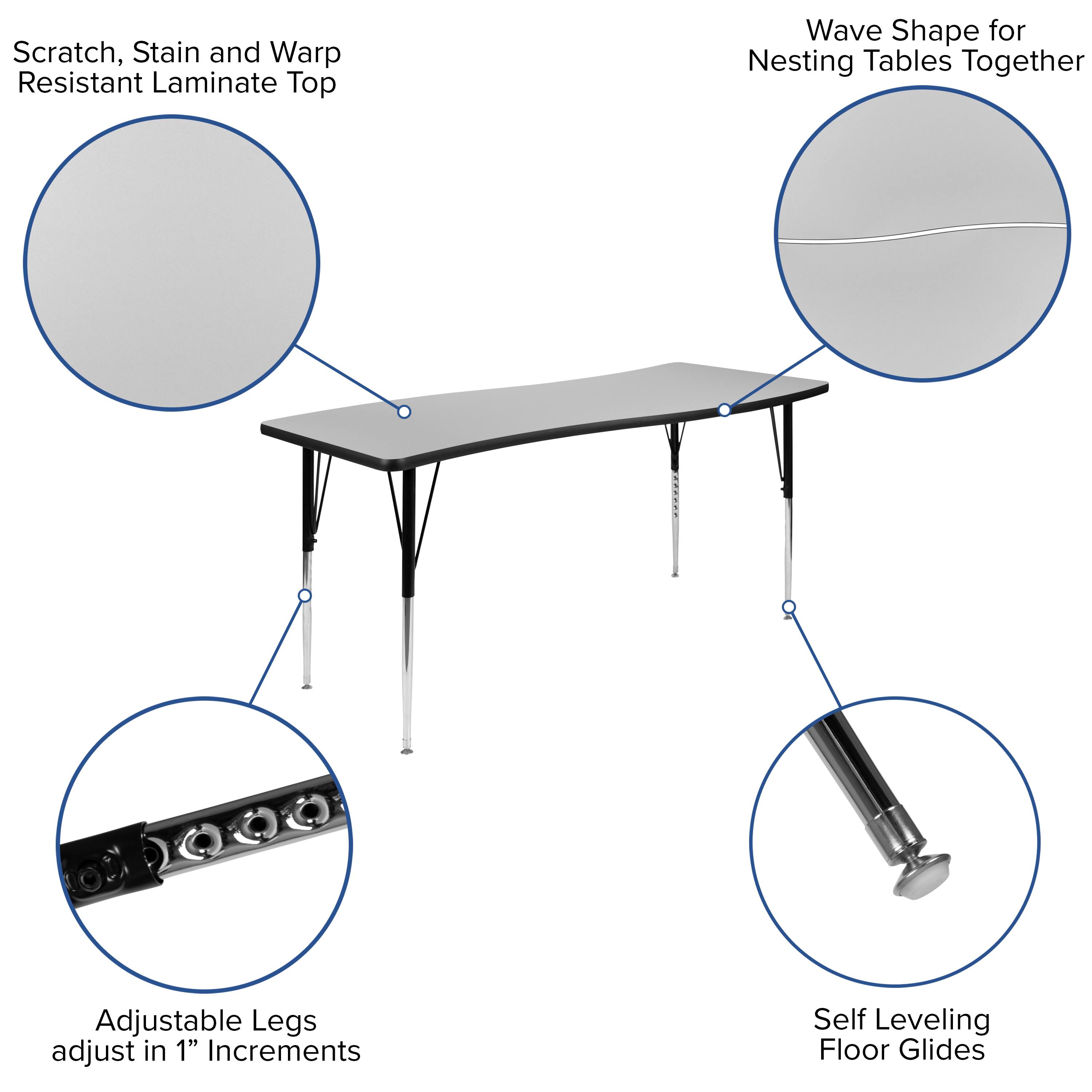 Scratch, Stain and Warp Resistant Laminate Top

Wave Shape for Nesting Tables Together

Adjustable Legs adjust in 1" Increments

Self Leveling Floor Glides