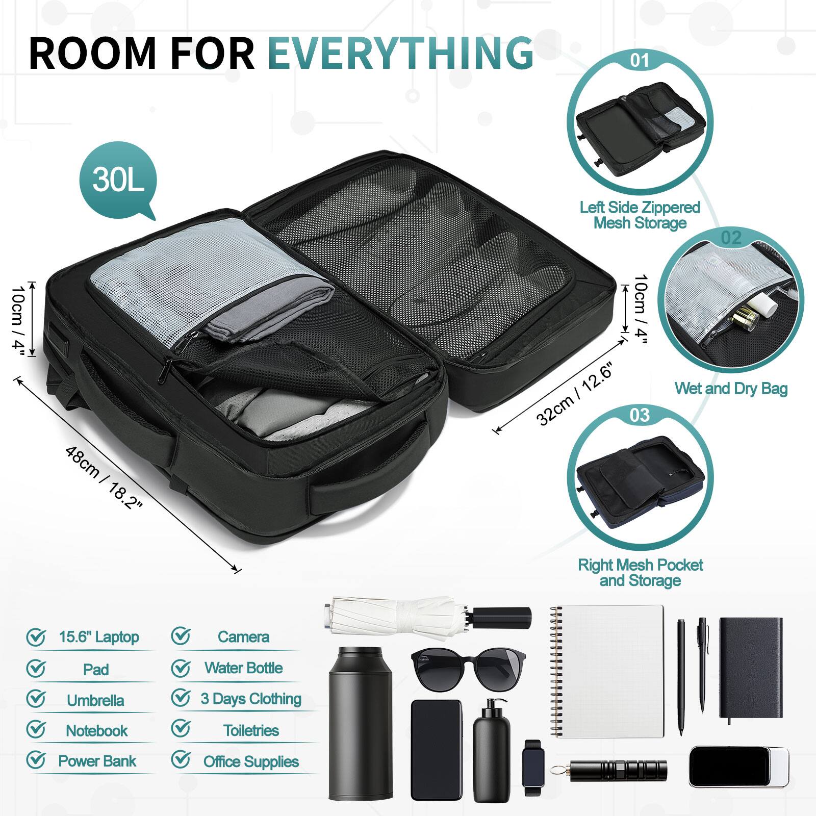 ROOM FOR EVERYTHING

01 30L Left Side Zippered Mesh Storage

02 10cm / 4" 48cm - 18.2" 10cm / 4" 12.6" 32cm

03 Wet and Dry Bag Right Mesh Pocket and Storage

15.6" Laptop Camera Pad Water Bottle Umbrella 3 Days Clothing Notebook Toiletries Power Bank Office Supplies