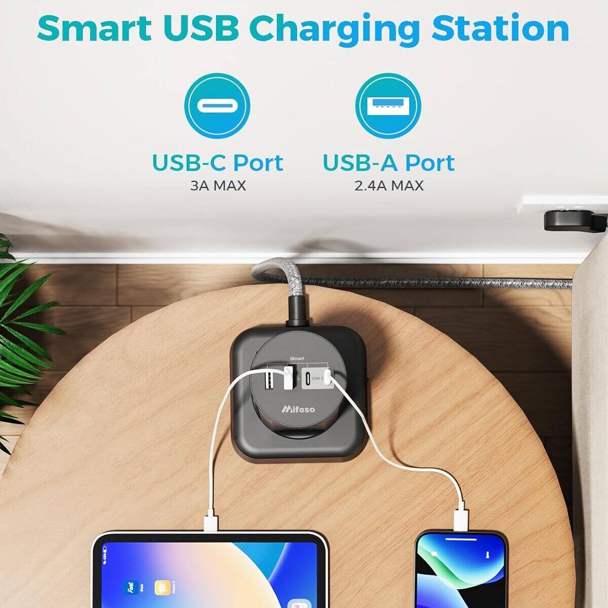 Smart USB Charging Station

USB-C Port  
3A MAX

USB-A Port  
2.4A MAX
