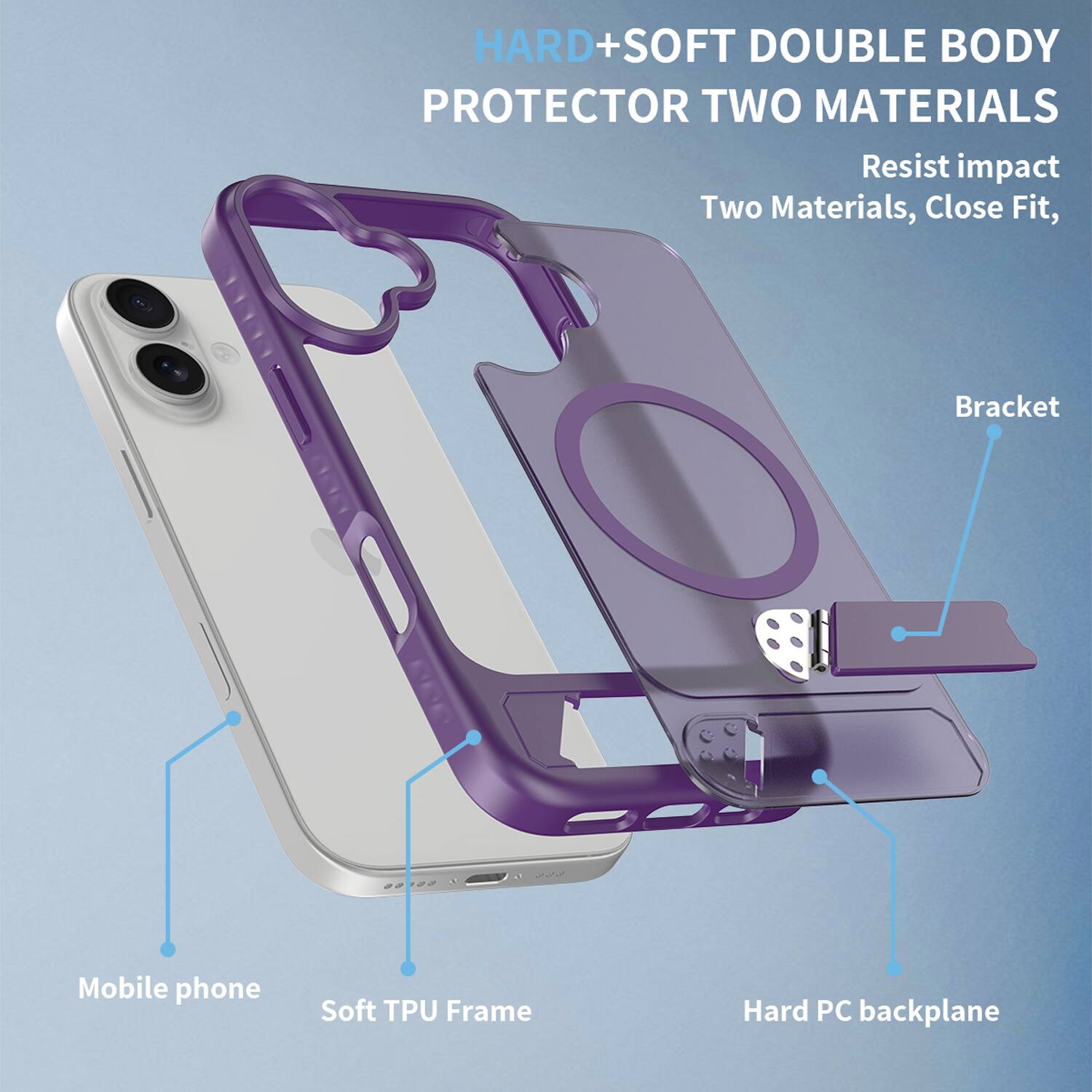 HARD+SOFT DOUBLE BODY PROTECTOR TWO MATERIALS  
Resist impact  
Two Materials, Close Fit,  
Bracket  
Mobile phone  
Soft TPU Frame  
Hard PC backplane