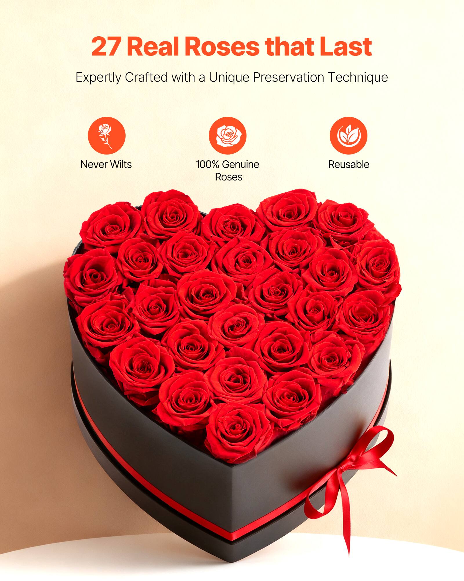 27 Real Roses that Last  
Expertly Crafted with a Unique Preservation Technique  

Never Wilts  
100% Genuine Roses  
Reusable