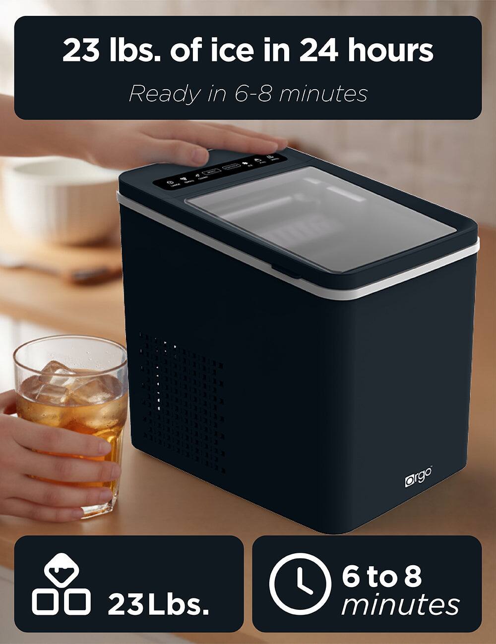 23 lbs. of ice in 24 hours  
Ready in 6-8 minutes  

23 lbs.  
6 to 8 minutes