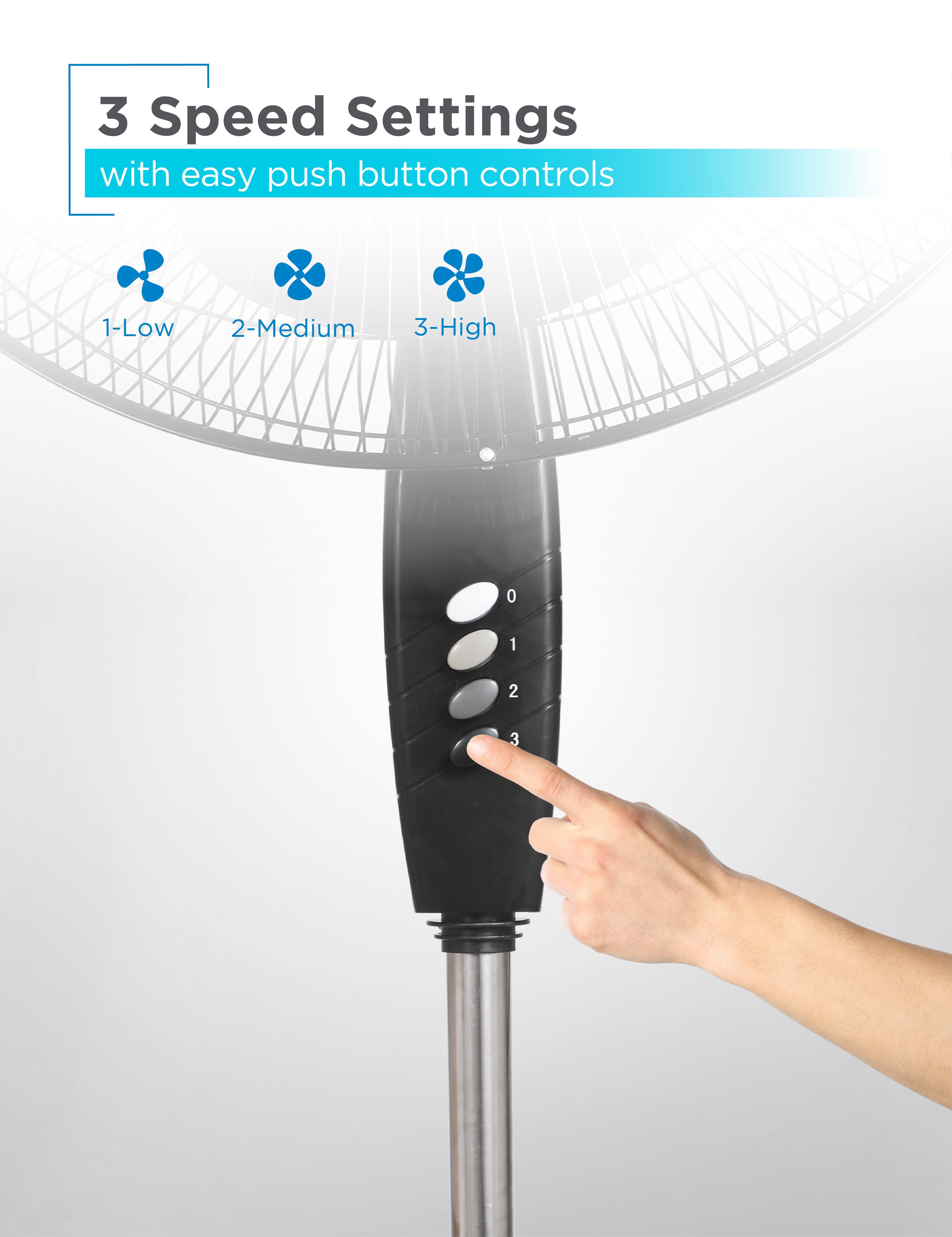 3 Speed Settings with easy push button controls: 1-Low, 2-Medium, 3-High.