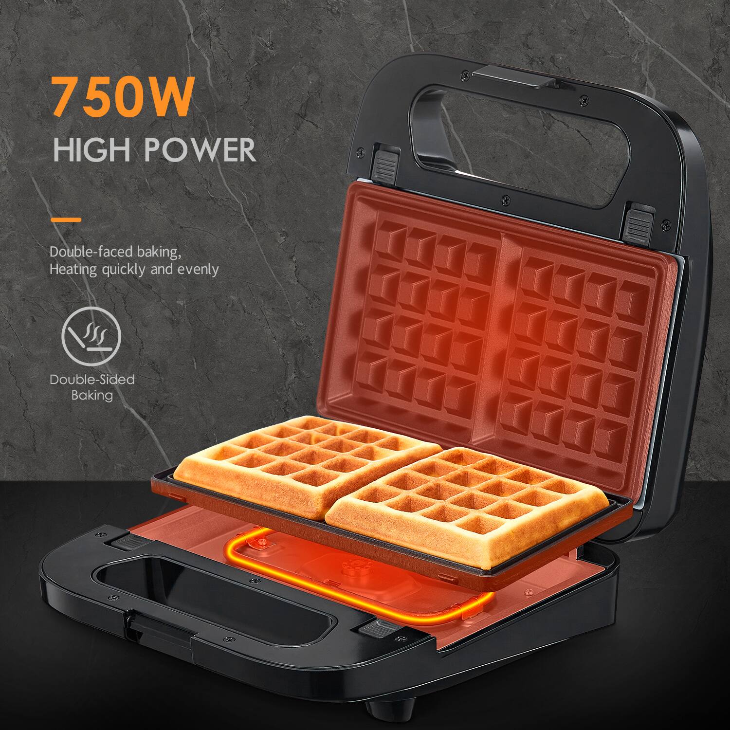 750W HIGH POWER
Double-faced baking, Heating quickly and evenly
Double-Sided Baking