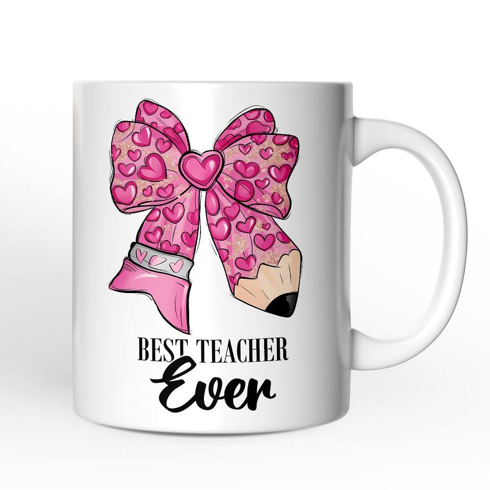 OrnamentallyYou - Pencil Coquette Teacher Bow Mug, Cute Appreciation Present, Back To School Gift - White