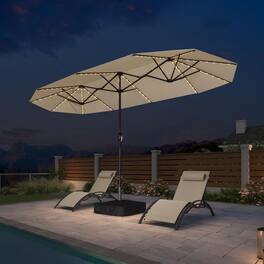 PURPLE LEAF - 13 ft. Patio Market Umbrella with Solar LED and Base Double-Sided Outdoor Table Sun Umbrellas for Pool Deck Backyard - Beige