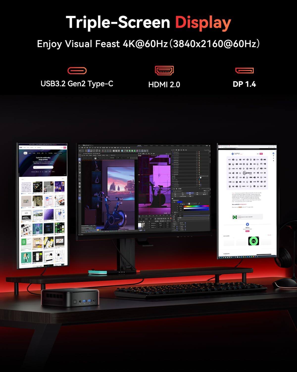 Triple-Screen Display  
Enjoy Visual Feast 4K@60Hz (3840x2160@60Hz)  
USB3.2 Gen2 Type-C  
HDMI 2.0  
DP 1.4