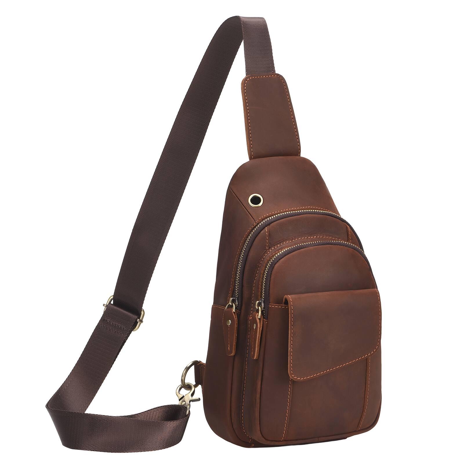 Front. Unique Bargains - Full-Grain Leather Sling Bag for Men Women Vintage Multi-Pocket Crossbody Bag with Concealed Carry Compartment - Matt brown.