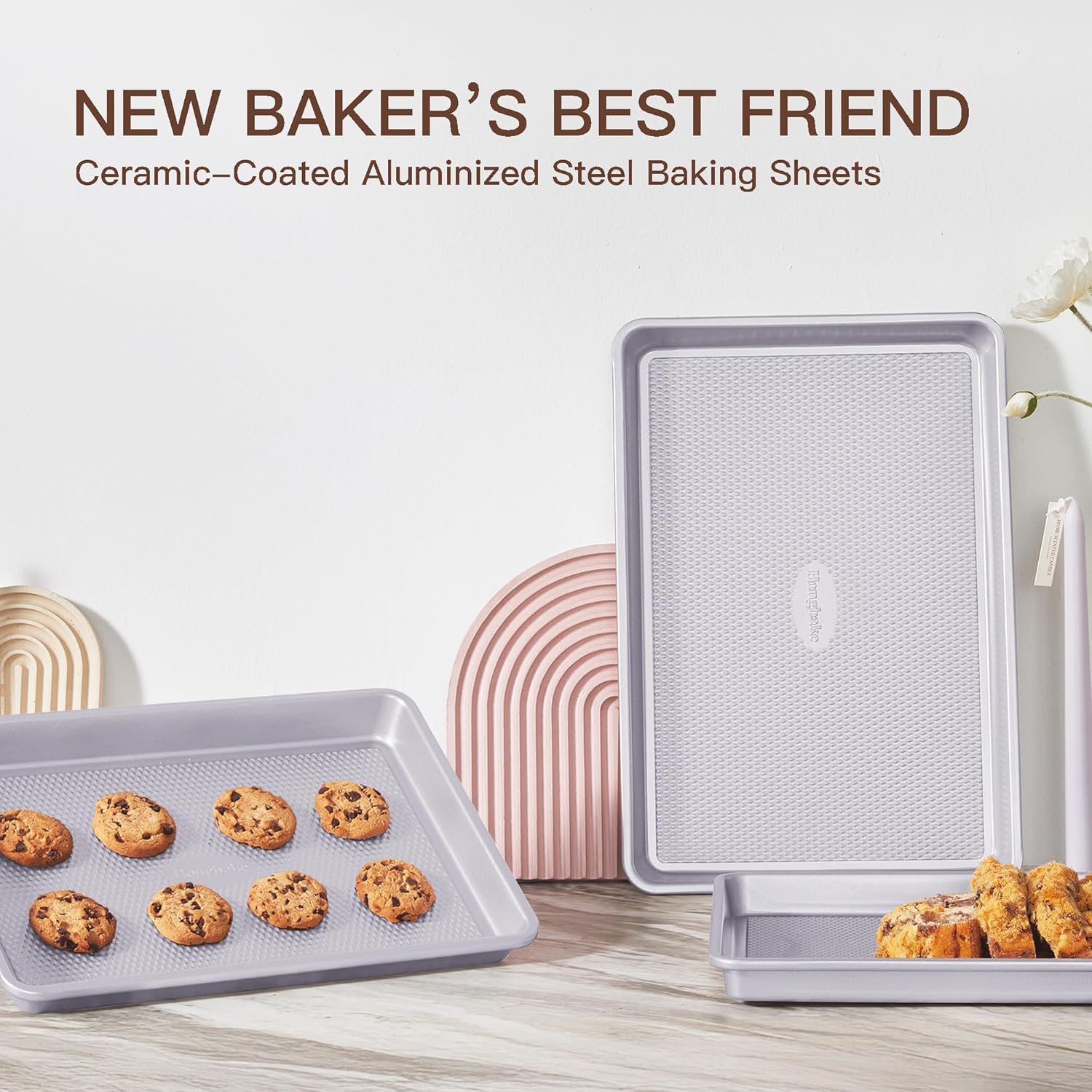 HONGBAKE - 3 Pack Nonstick Ceramic Baking Sheet Pan Set for Oven, Heavy Duty 0.8mm Thick Aluminized Steel Cookie Trays for Cooking - Gray - Thumbnail 2