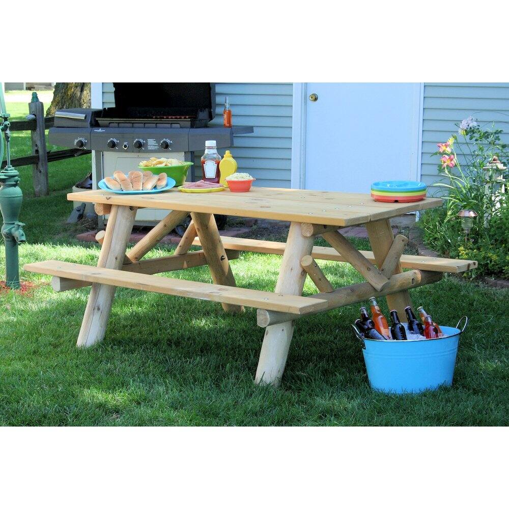Alt View 2. Contoured Comfort - 6' Log Picnic Table  Attached Benches - Brown.