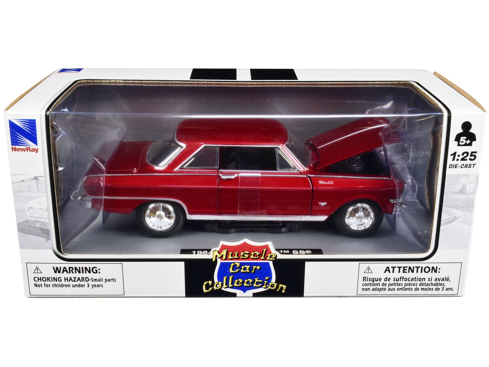 NewRay  
1:25 DIE-CAST  
Muscle Car Collection  
1964 SS0  

WARNING: CHOKING HAZARD-Small parts  
Not for children under 3 years  

ATTENTION: Risque de suffocation si avalé, contient de petites pièces détachables, non adapté aux enfants de moins de 3 ans.  

5+
