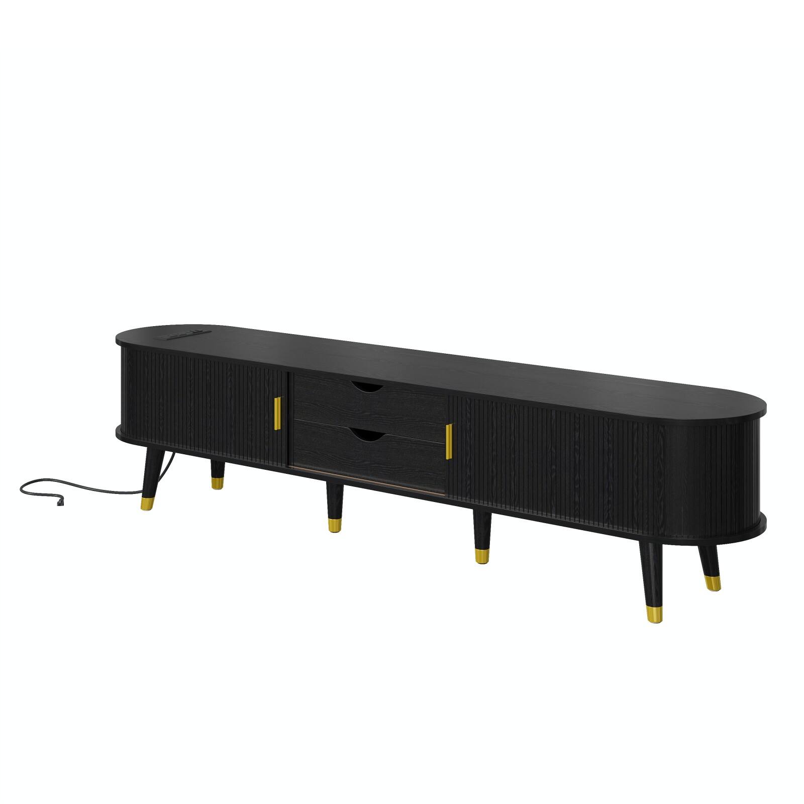 Alt View 9. Ecooso - Wooden Oval Fluted TV Stand with Charging Station for TV up to 80", Sliding Tambour Door, Golden Handle for Living Room - Black.